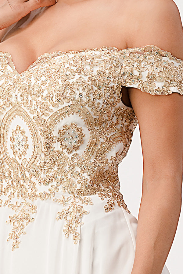 Off the shoulder chiffon gown embellished with gold lace appliques
