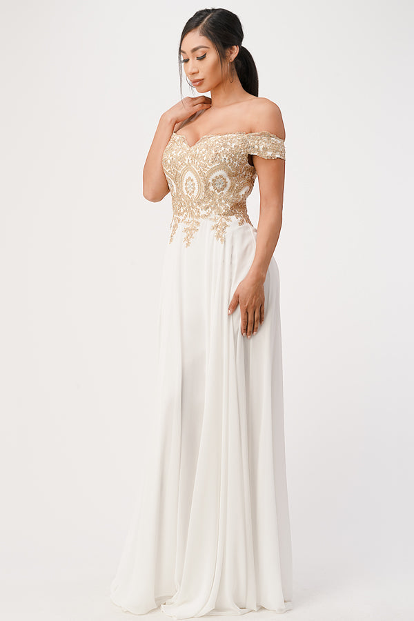 Off the shoulder chiffon gown embellished with gold lace appliques