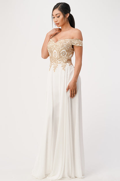 Off the shoulder chiffon gown embellished with gold lace appliques