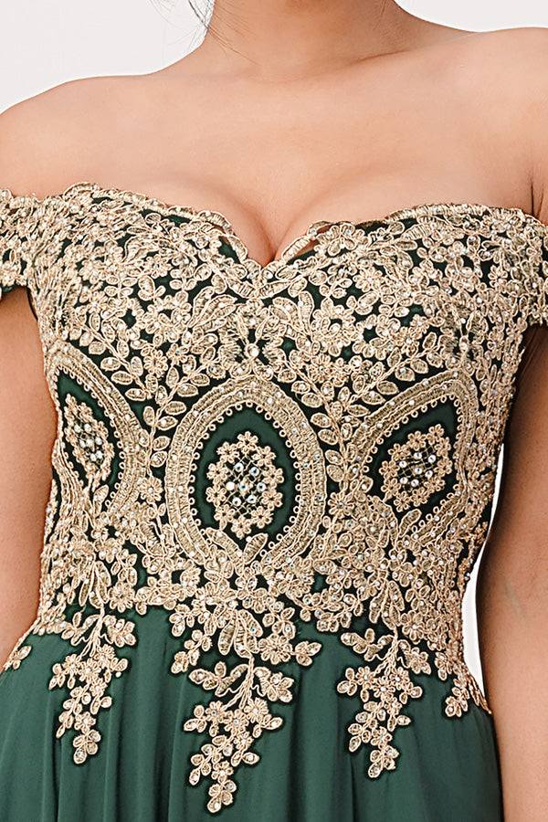 Off the shoulder chiffon gown embellished with gold lace appliques