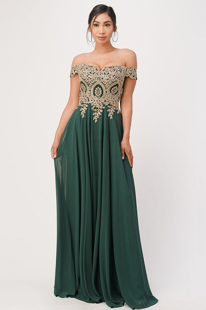 Off the shoulder chiffon gown embellished with gold lace appliques