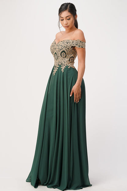 Off the shoulder chiffon gown embellished with gold lace appliques