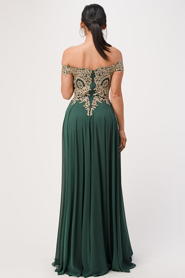 Off the shoulder chiffon gown embellished with gold lace appliques