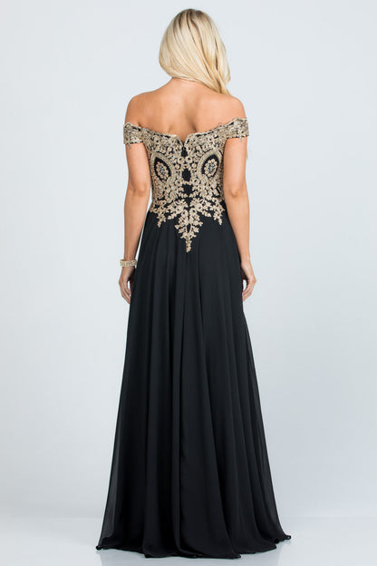PLUS SIZE Off the shoulder chiffon gown embellished with gold lace appliques
