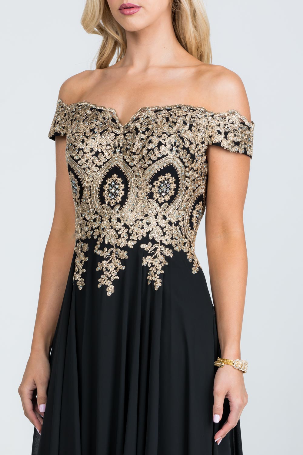 PLUS SIZE Off the shoulder chiffon gown embellished with gold lace appliques