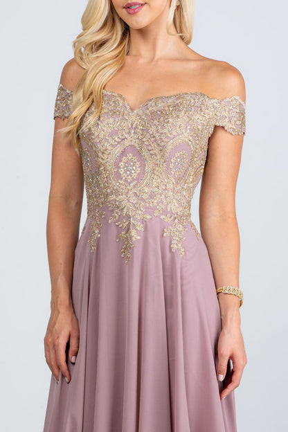 Off the shoulder chiffon gown embellished with gold lace appliques