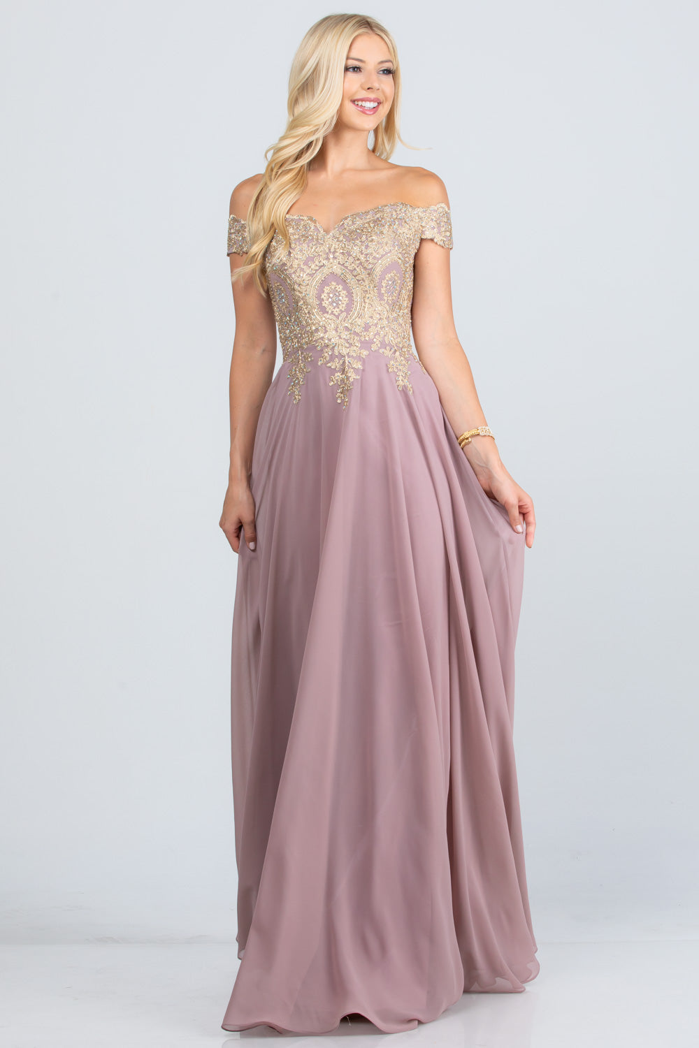 PLUS SIZE Off the shoulder chiffon gown embellished with gold lace appliques