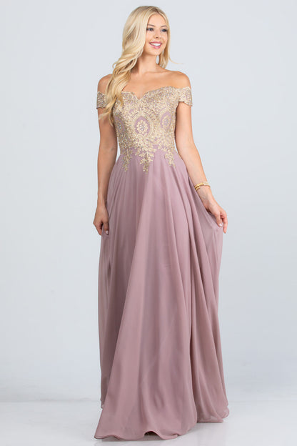 PLUS SIZE Off the shoulder chiffon gown embellished with gold lace appliques