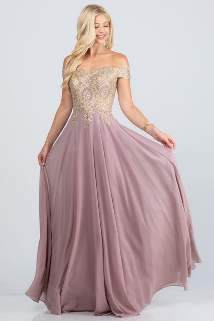 Off the shoulder chiffon gown embellished with gold lace appliques