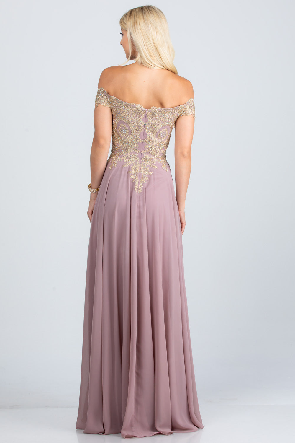 Off the shoulder chiffon gown embellished with gold lace appliques