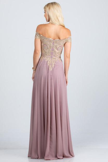 Off the shoulder chiffon gown embellished with gold lace appliques
