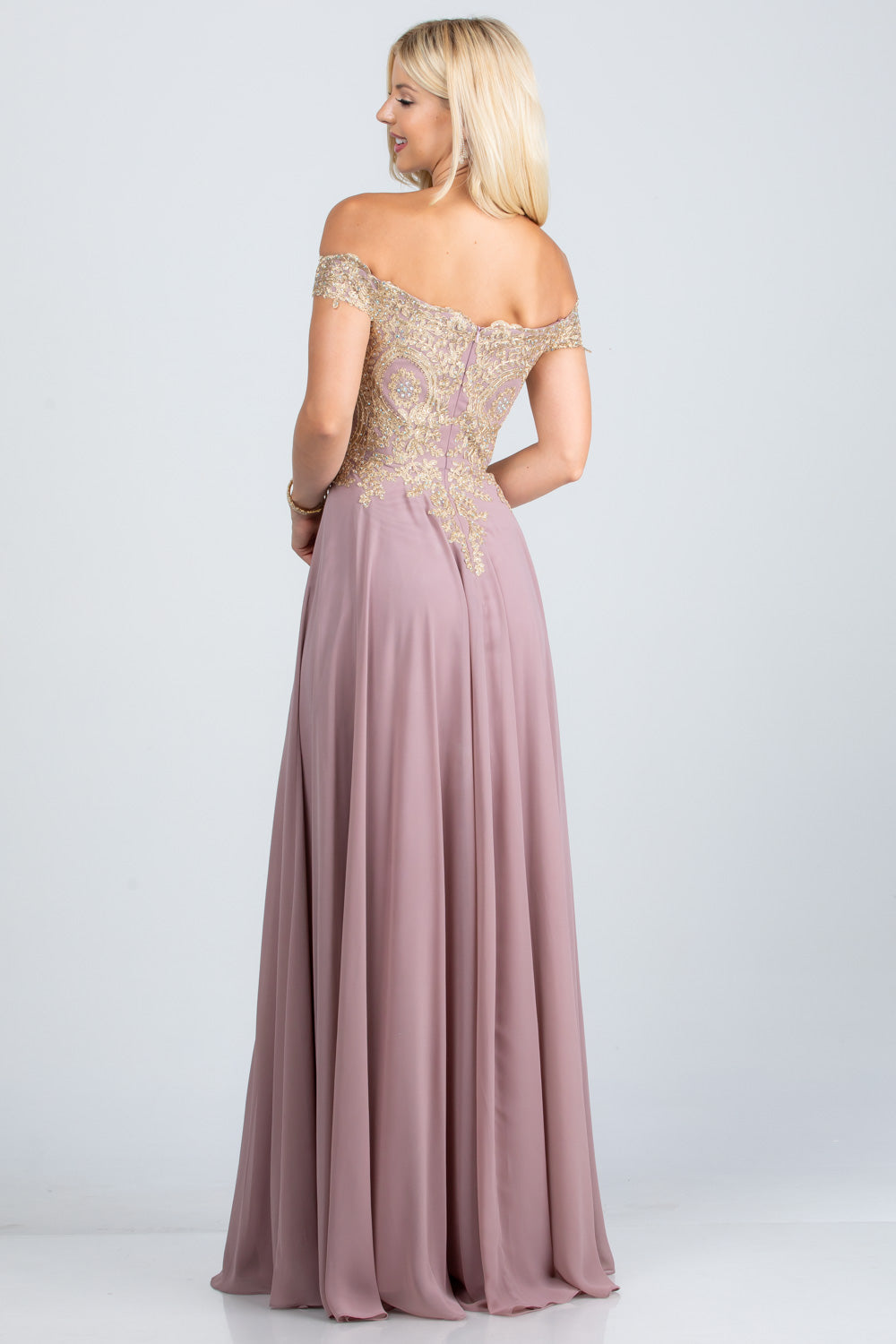 PLUS SIZE Off the shoulder chiffon gown embellished with gold lace appliques