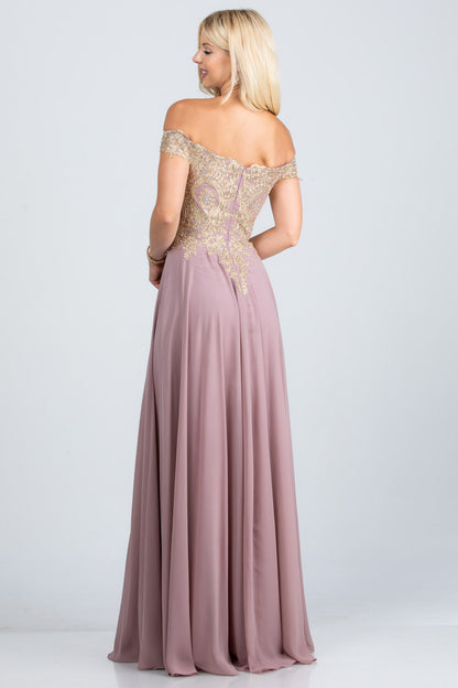 PLUS SIZE Off the shoulder chiffon gown embellished with gold lace appliques