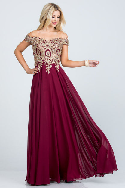 Off the shoulder chiffon gown embellished with gold lace appliques