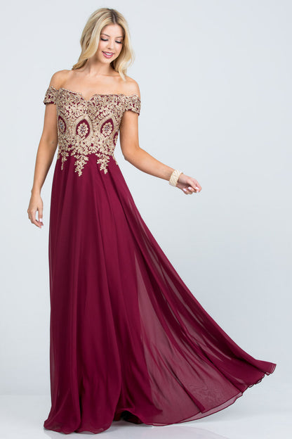 Off the shoulder chiffon gown embellished with gold lace appliques