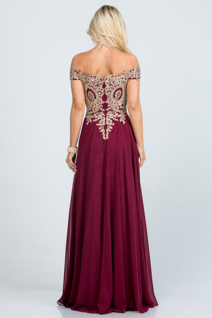 PLUS SIZE Off the shoulder chiffon gown embellished with gold lace appliques