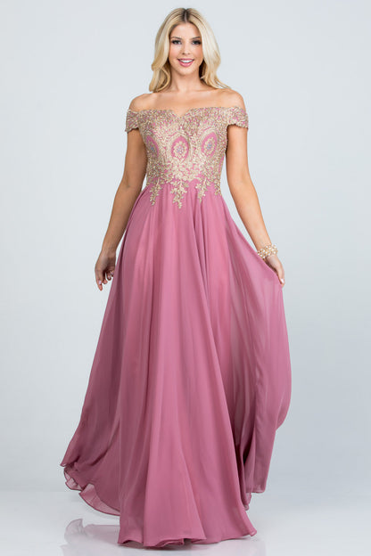 Off the shoulder chiffon gown embellished with gold lace appliques