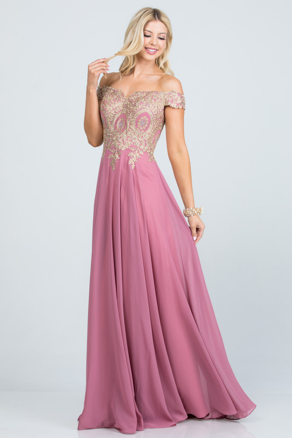 PLUS SIZE Off the shoulder chiffon gown embellished with gold lace appliques