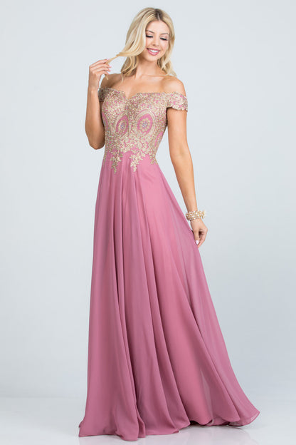 PLUS SIZE Off the shoulder chiffon gown embellished with gold lace appliques