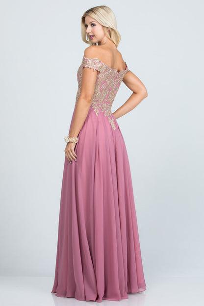 Off the shoulder chiffon gown embellished with gold lace appliques