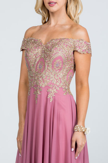 Off the shoulder chiffon gown embellished with gold lace appliques