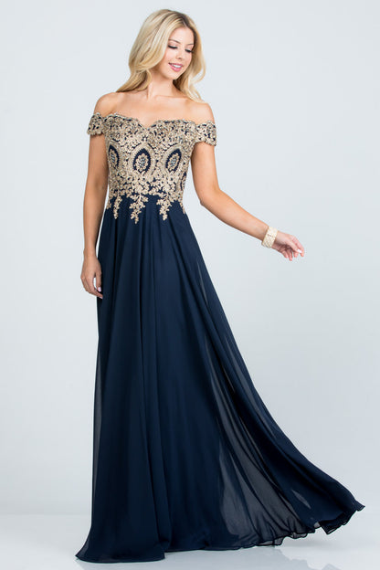 PLUS SIZE Off the shoulder chiffon gown embellished with gold lace appliques