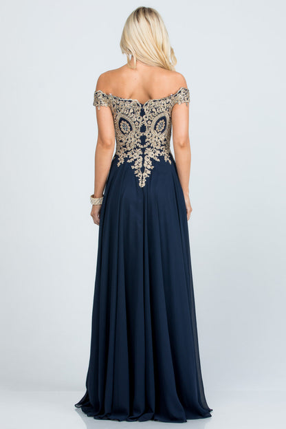 Off the shoulder chiffon gown embellished with gold lace appliques