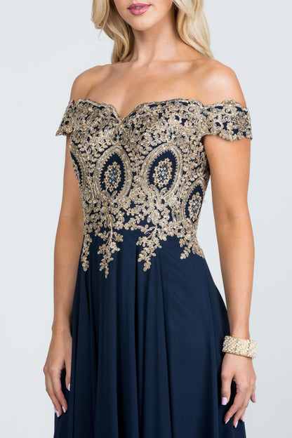 Off the shoulder chiffon gown embellished with gold lace appliques