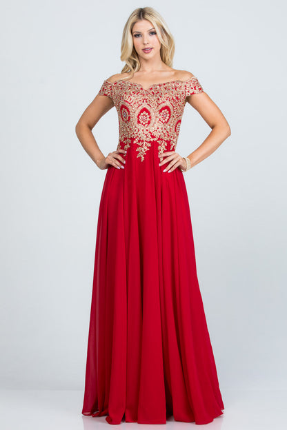 Off the shoulder chiffon gown embellished with gold lace appliques