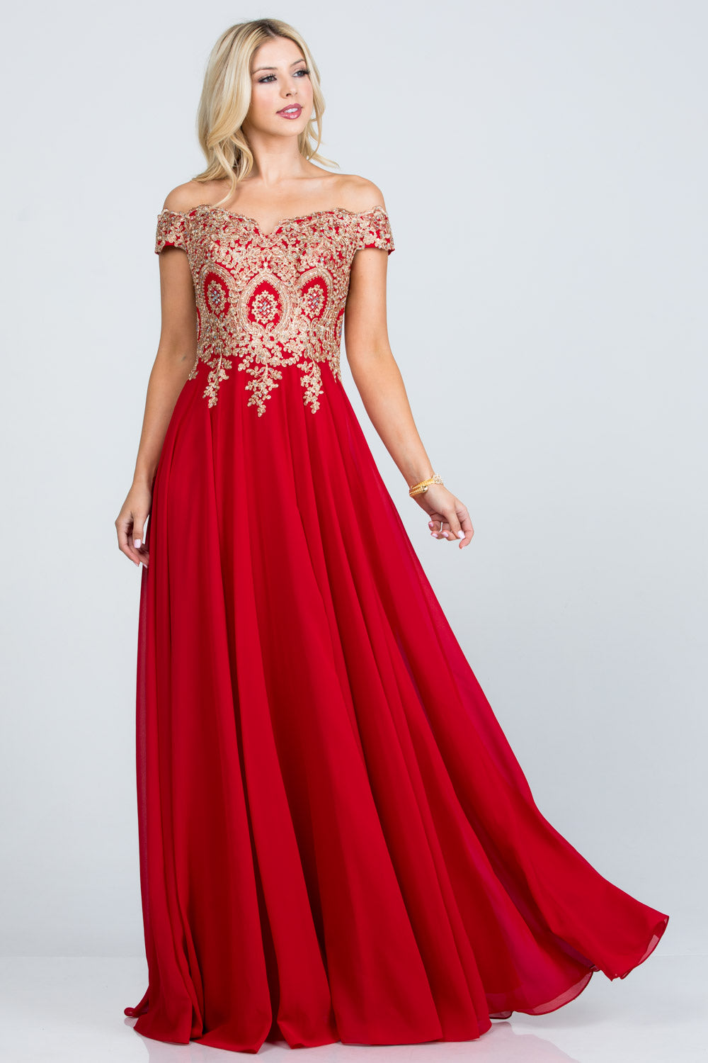 PLUS SIZE Off the shoulder chiffon gown embellished with gold lace appliques