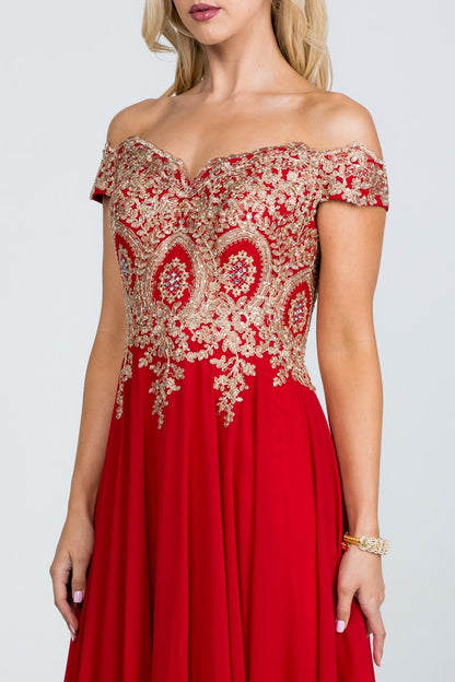 Off the shoulder chiffon gown embellished with gold lace appliques