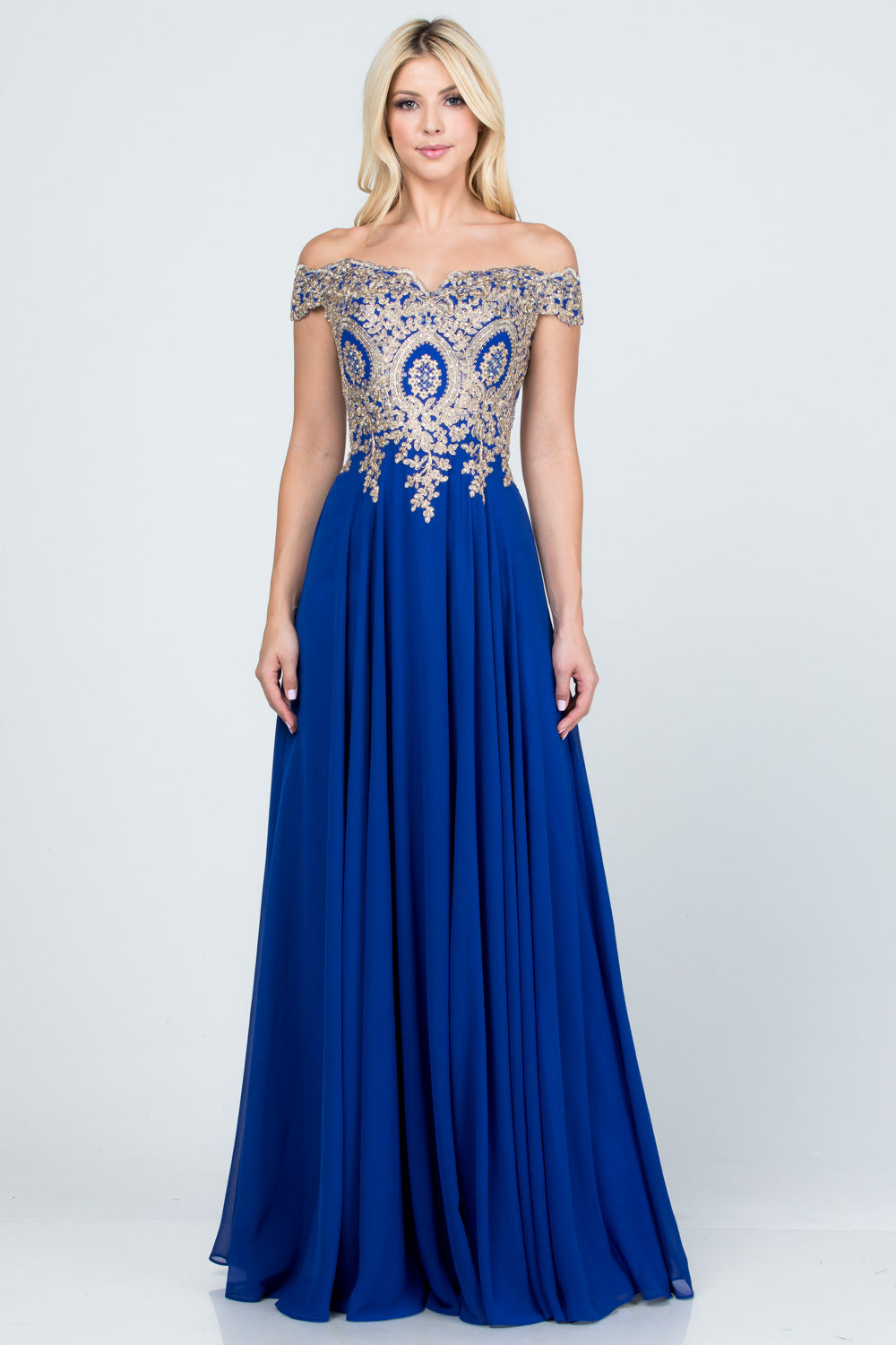 Off the shoulder chiffon gown embellished with gold lace appliques