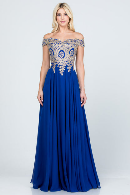 Off the shoulder chiffon gown embellished with gold lace appliques