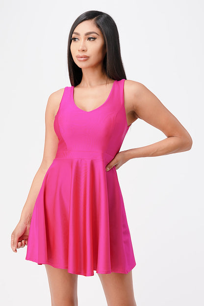Sleeveless Dalia fit and flared solid v neck tricot dress