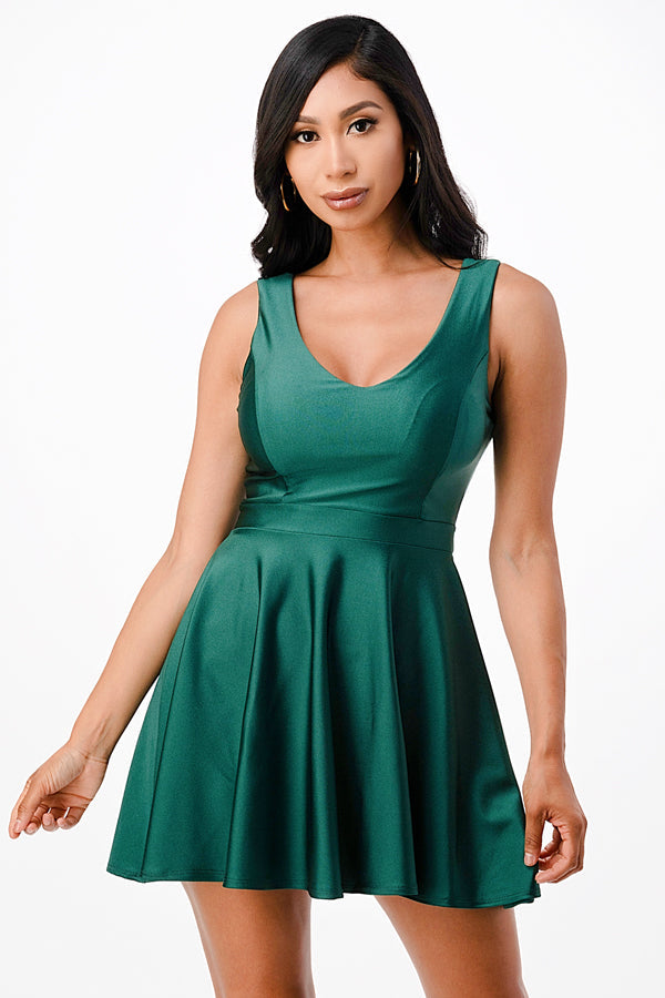 Sleeveless Dalia fit and flared solid v neck tricot dress
