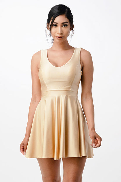 Sleeveless Dalia fit and flared solid v neck tricot dress