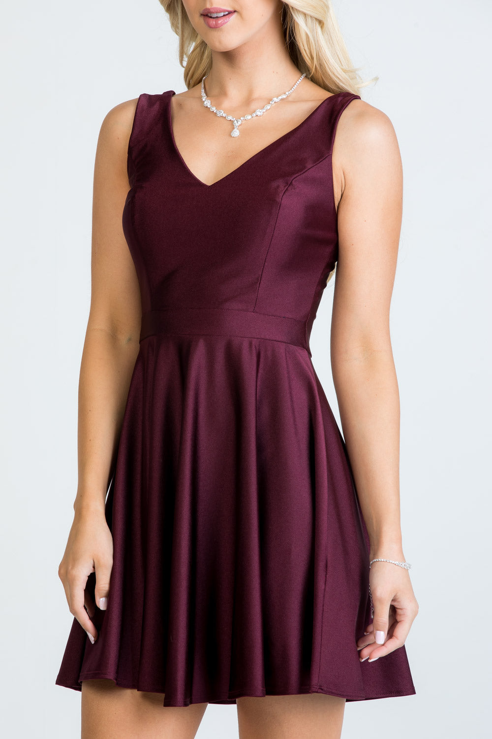 Sleeveless Dalia fit and flared solid v neck tricot dress
