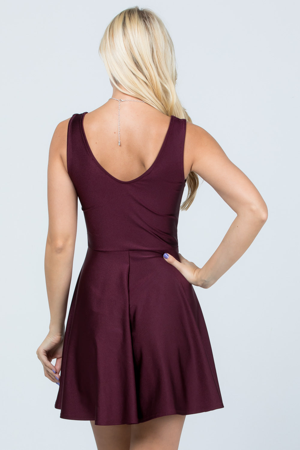 Sleeveless Dalia fit and flared solid v neck tricot dress
