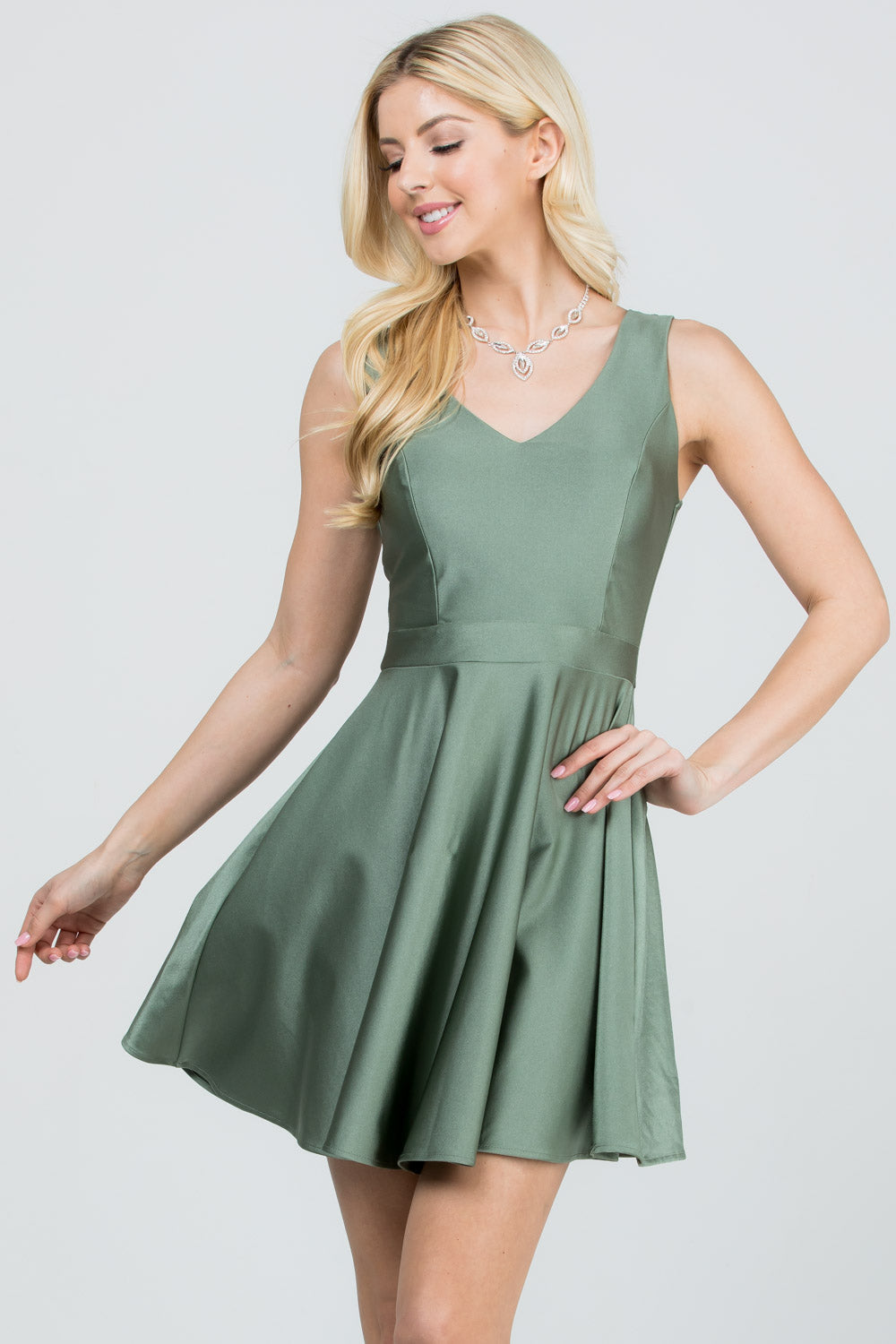 Sleeveless Dalia fit and flared solid v neck tricot dress