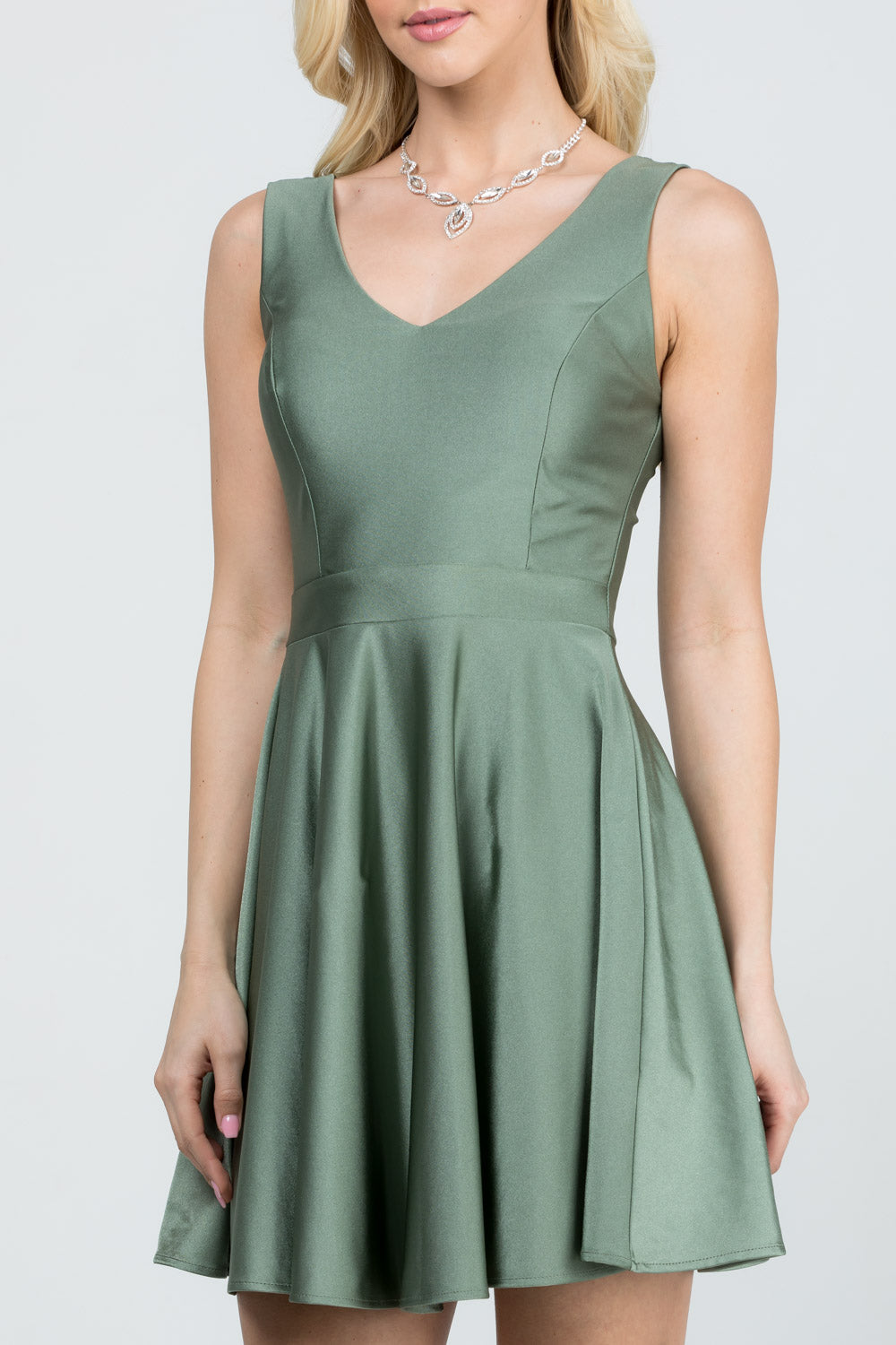 Sleeveless Dalia fit and flared solid v neck tricot dress