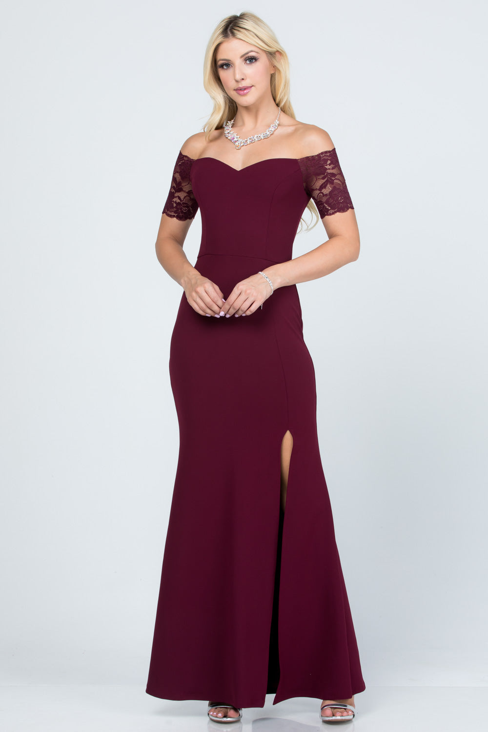Off the shoulder lace detailed scuba crepe Cecil mermaid dress