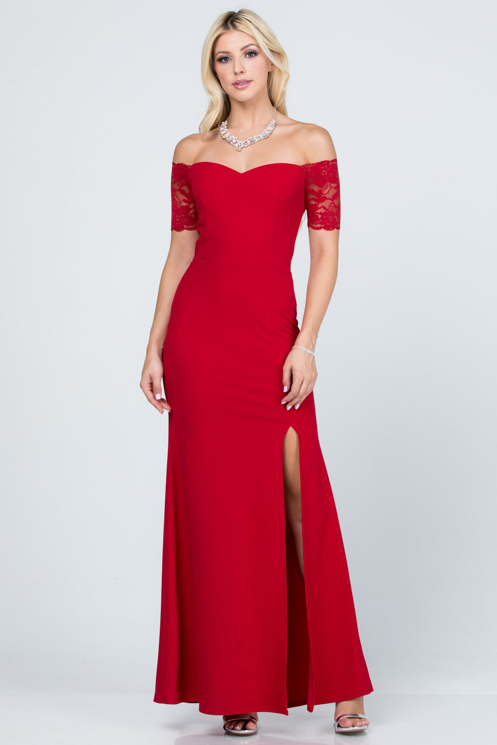 Off the shoulder lace detailed scuba crepe Cecil mermaid dress