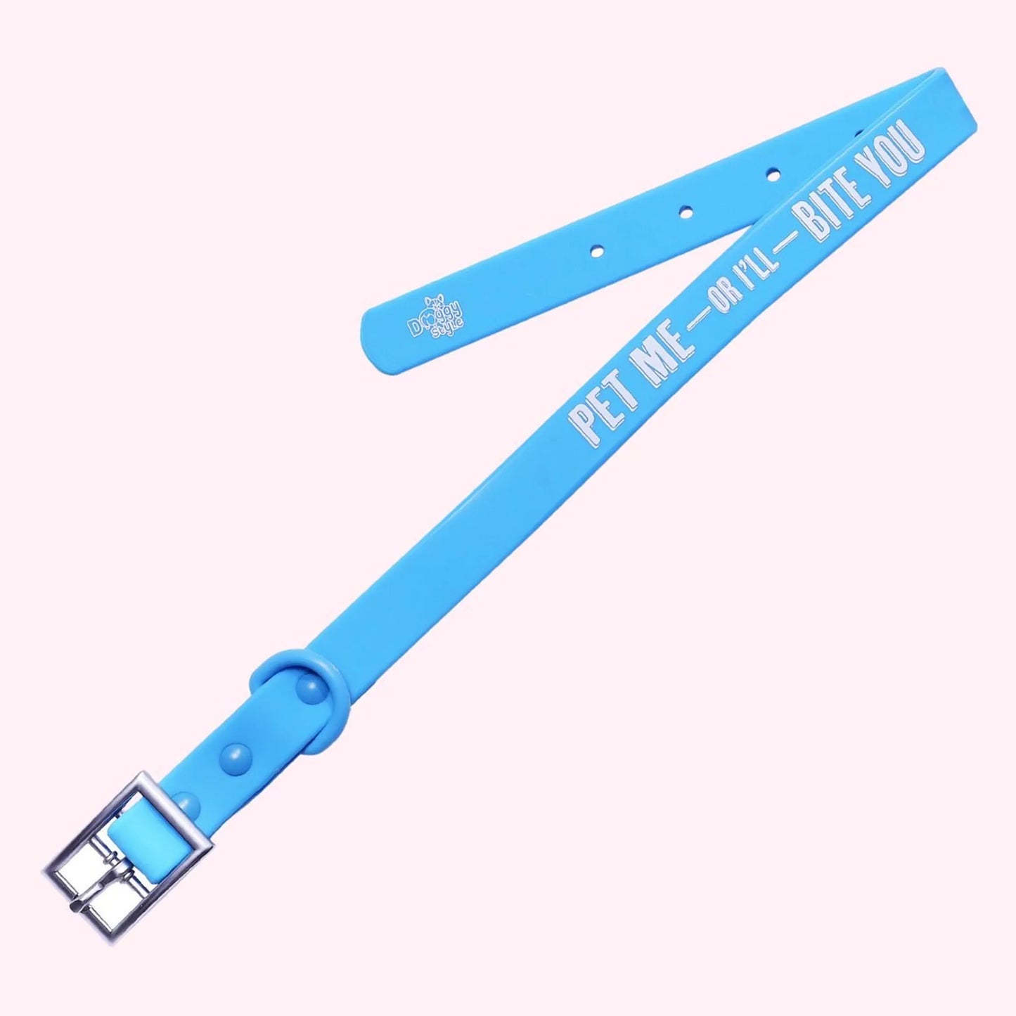 "Pet Me or I'll Bite You" Blue Silicone Collar