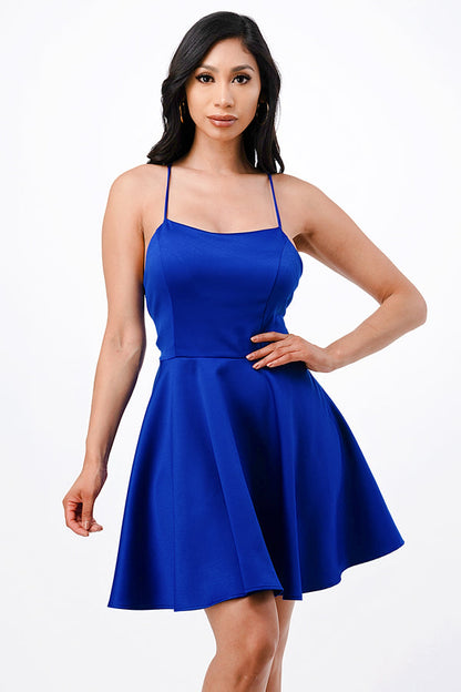 Satin like fit and flare dress with back crisscross spaghetti for prom homecoming cocktail dress