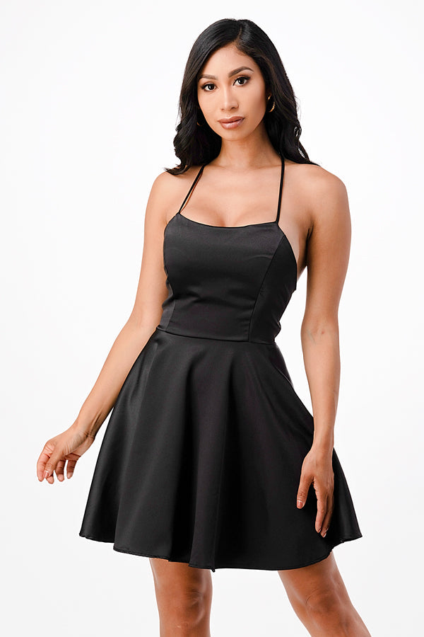 Satin like fit and flare dress with back crisscross spaghetti for prom homecoming cocktail dress