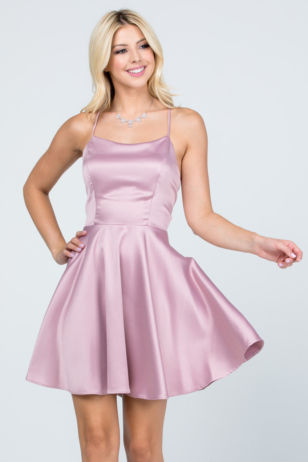 Satin like fit and flare dress with back crisscross spaghetti for prom homecoming cocktail dress