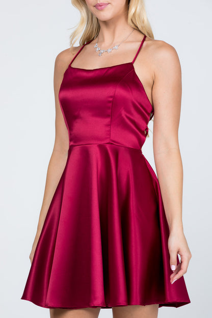 Satin like fit and flare dress with back crisscross spaghetti for prom homecoming cocktail dress