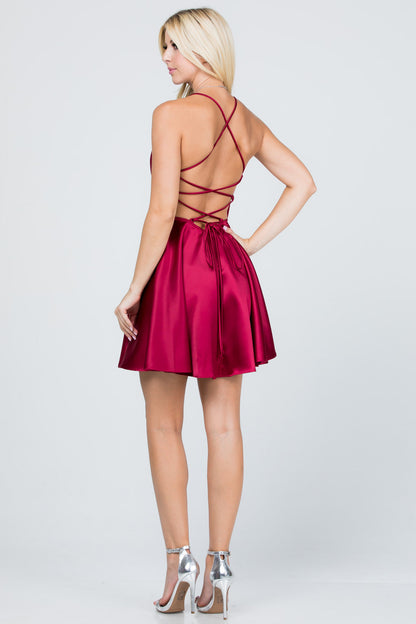 Satin like fit and flare dress with back crisscross spaghetti for prom homecoming cocktail dress