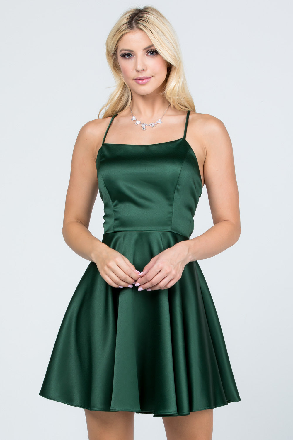 Satin like fit and flare dress with back crisscross spaghetti for prom homecoming cocktail dress