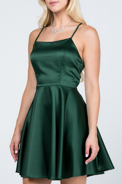 Satin like fit and flare dress with back crisscross spaghetti for prom homecoming cocktail dress